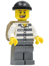 LEGO Police - Jail Prisoner 50380 Prison Stripes, Dark Bluish Gray Legs, Black Knit Cap, Missing Tooth, Backpack minifigure