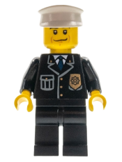 LEGO Police - City Suit with Blue Tie and Badge, Black Legs, Black Eyebrows, White Hat minifigure
