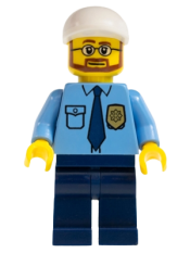 LEGO Police - City Shirt with Dark Blue Tie and Gold Badge, Dark Blue Legs, White Short Bill Cap minifigure