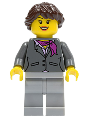 LEGO Dark Bluish Gray Jacket with Magenta Scarf, Light Bluish Gray Legs, Dark Brown Hair Ponytail Long French Braided, Black Eyebrows minifigure