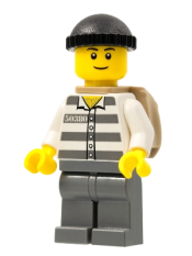 LEGO Police - Jail Prisoner 50380 Prison Stripes, Dark Bluish Gray Legs, Black Knit Cap, Black Eyebrows, Thin Grin, Backpack minifigure