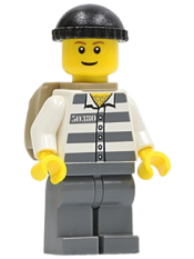 LEGO Police - Jail Prisoner 50380 Prison Stripes, Dark Bluish Gray Legs, Black Knit Cap, Reddish Brown Eyebrows, Thin Grin, Backpack minifigure