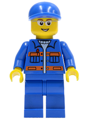 LEGO Blue Jacket with Pockets and Orange Stripes, Blue Legs, Blue Short Bill Cap, Glasses, Open Smile minifigure