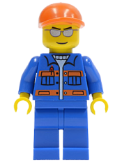 LEGO Blue Jacket with Pockets and Orange Stripes, Blue Legs, Orange Short Bill Cap, Silver Sunglasses minifigure