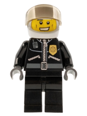 LEGO Police - City Leather Jacket with Gold Badge and 'POLICE' on Back, White Helmet, Trans-Black Visor minifigure