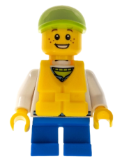LEGO White Hoodie with Blue Pockets, Blue Short Legs, Lime Short Bill Cap, Life Jacket Center Buckle minifigure