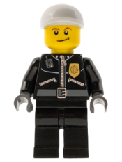 LEGO Police - City Leather Jacket with Gold Badge and 'POLICE' on Back, White Short Bill Cap, Lopsided Smile minifigure