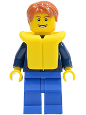 LEGO Plaid Button Shirt, Blue Legs, Dark Orange Short Tousled Hair, Yellow Life Jacket, Thin Grin with Teeth minifigure