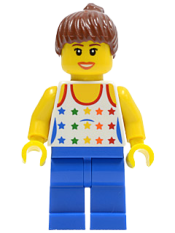 LEGO Shirt with Female Rainbow Stars Pattern, Blue Legs, Reddish Brown Ponytail Hair, Brown Eyebrows minifigure