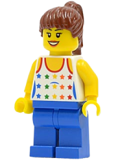 LEGO Shirt with Female Rainbow Stars Pattern, Blue Legs, Reddish Brown Ponytail Hair, Black Eyebrows minifigure