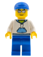 LEGO White Hoodie with Blue Pockets, Blue Legs, Blue Short Bill Cap minifigure