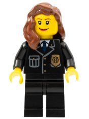 LEGO Police - City Suit with Blue Tie and Badge, Black Legs, Reddish Brown Female Hair over Shoulder minifigure