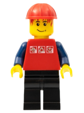 LEGO Red Shirt with 3 Silver Logos, Dark Blue Arms, Black Legs, Messy Red Hair, Red Construction Helmet minifigure