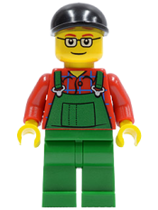 LEGO Overalls Farmer Green, Black Short Bill Cap and Glasses minifigure