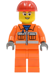 LEGO Construction Worker - Orange Zipper, Safety Stripes, Orange Arms, Orange Legs, Red Construction Helmet, Glasses with Gray Side Frames (Crane Operator) minifigure