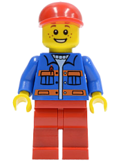 LEGO Blue Jacket with Pockets and Orange Stripes, Red Legs, Red Short Bill Cap minifigure