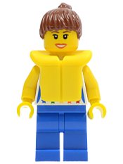 LEGO Shirt with Female Rainbow Stars Pattern, Blue Legs, Reddish Brown Ponytail Hair, Life Jacket minifigure