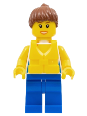 LEGO Shirt with Female Rainbow Stars Pattern, Blue Legs, Reddish Brown Ponytail Hair, Life Jacket Center Buckle set