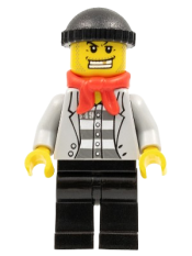 LEGO Police - Jail Prisoner Jacket over Prison Stripes, Black Legs, Black Knit Cap, Gold Tooth, Bandana minifigure