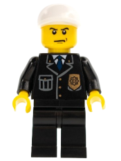 LEGO Police - City Suit with Blue Tie and Badge, Black Legs, White Short Bill Cap, Scowl minifigure