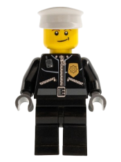 LEGO Police - City Leather Jacket with Gold Badge and 'POLICE' on Back, White Hat, Lopsided Smile minifigure