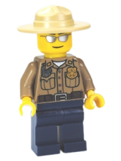 LEGO Forest Police - Dark Tan Shirt with Pockets, Radio and Gold Badge, Dark Blue Legs, Campaign Hat, Silver Sunglasses minifigure