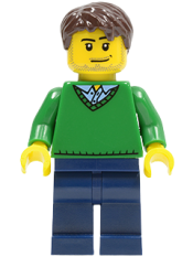 LEGO Green V-Neck Sweater, Dark Blue Legs, Dark Brown Short Tousled Hair, Smirk and Stubble Beard minifigure