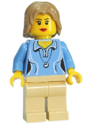 LEGO Medium Blue Female Shirt with Two Buttons and Shell Pendant, Tan Legs, Dark Tan Mid-Length Tousled Hair minifigure