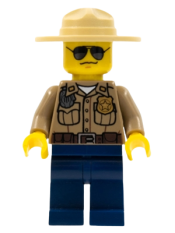 LEGO Forest Police - Dark Tan Shirt with Pockets, Radio and Gold Badge, Dark Blue Legs, Campaign Hat, Black and Silver Sunglasses minifigure