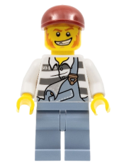 LEGO Police - Jail Prisoner Torn Overalls over Prison Stripes, Sand Blue Legs, Dark Red Short Bill Cap minifigure