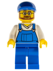 LEGO Overalls Blue over V-Neck Shirt, Blue Legs, Blue Short Bill Cap, Beard and Glasses minifigure