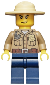 LEGO Forest Police - Dark Tan Shirt with Pockets, Radio and Gold Badge, Dark Blue Legs, Campaign Hat, Angry Eyebrows and Scowl, White Pupils minifigure