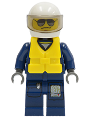 LEGO Forest Police - Helicopter Pilot, Dark Blue Flight Suit with Badge, Helmet, Life Jacket Center Buckle, Black and Pearl Dark Gray Sunglasses minifigure