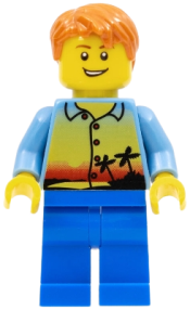 LEGO Sunset and Palm Trees - Male, Blue Legs, Dark Orange Short Tousled Hair, Lopsided Grin minifigure