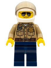 LEGO Forest Police - Dark Tan Shirt with Pockets, Radio and Gold Badge, Dark Blue Legs, White Helmet with Visor, Black and Silver Sunglasses minifigure