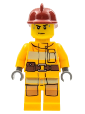 LEGO Fire - Bright Light Orange Fire Suit with Utility Belt, Dark Red Fire Helmet, Sweat Drops minifigure