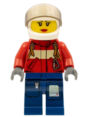 LEGO Fire - Pilot Female, Red Fire Suit with Carabiner, Dark Blue Legs with Map, White Helmet, Red Lips minifigure