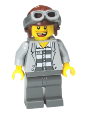 LEGO Police - Jail Prisoner Jacket over Prison Stripes, Dark Bluish Gray Legs, Aviator Cap and Goggles, Missing Tooth minifigure