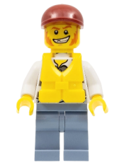 LEGO Police - Jail Prisoner Torn Overalls over Prison Stripes, Sand Blue Legs, Dark Red Short Bill Cap, Life Jacket Center Buckle minifigure