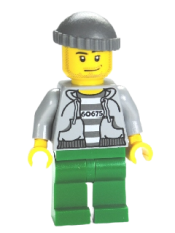 LEGO Police - Jail Prisoner 60675 Hoodie over Prison Stripes, Green Legs, Dark Bluish Gray Knit Cap minifigure