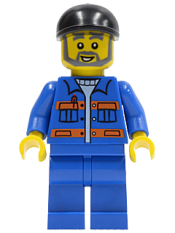 LEGO Blue Jacket with Pockets and Orange Stripes, Blue Legs, Black Short Bill Cap, Gray Beard minifigure