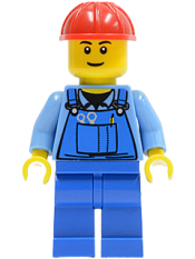 LEGO Overalls with Tools in Pocket Blue, Red Construction Helmet, Black Eyebrows, Thin Grin minifigure