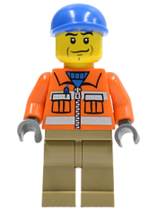 LEGO Construction Worker - Orange Zipper, Safety Stripes, Orange Arms, Dark Tan Legs, Blue Short Bill Cap minifigure