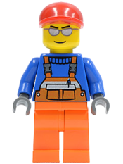 LEGO Overalls with Safety Stripe Orange, Orange Legs, Red Short Bill Cap, Silver Sunglasses minifigure