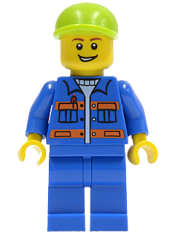 LEGO Blue Jacket with Pockets and Orange Stripes, Blue Legs, Lime Short Bill Cap, Open Grin minifigure