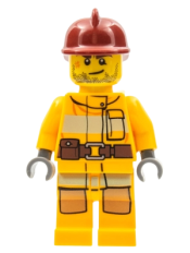LEGO Fire - Bright Light Orange Fire Suit with Utility Belt, Dark Red Fire Helmet, Crooked Smile and Scar minifigure