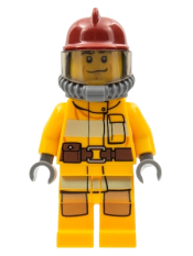 LEGO Fire - Bright Light Orange Fire Suit with Utility Belt, Dark Red Fire Helmet, Yellow Air Tanks, Black Eyebrows, Chin Dimple minifigure