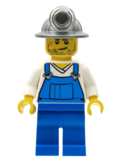 LEGO Miner - Overalls Blue over V-Neck Shirt, Blue Legs, Mining Helmet, Crooked Smile and Scar minifigure