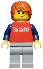 LEGO Red Shirt with 3 Silver Logos, Dark Blue Arms, Light Bluish-Gray Legs, Dark Orange Hair minifigure