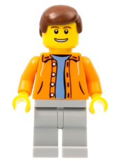LEGO Orange Jacket with Hood over Light Blue Sweater, Light Bluish Gray Legs, Reddish Brown Male Hair minifigure